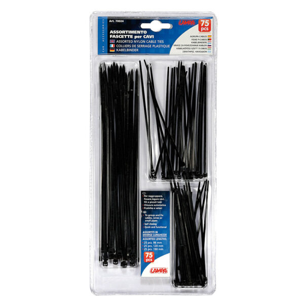 LAMPA - Coliere plastic [banduiti, soricei, tierap] 9,6cm / 12cm / 19cm, asortati, 3 x 25 buc. - negru